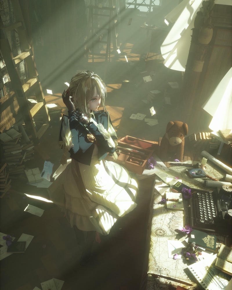 Ảnh Violet Evergarden đánh máy chữ tập trung làm việc chăm chỉ