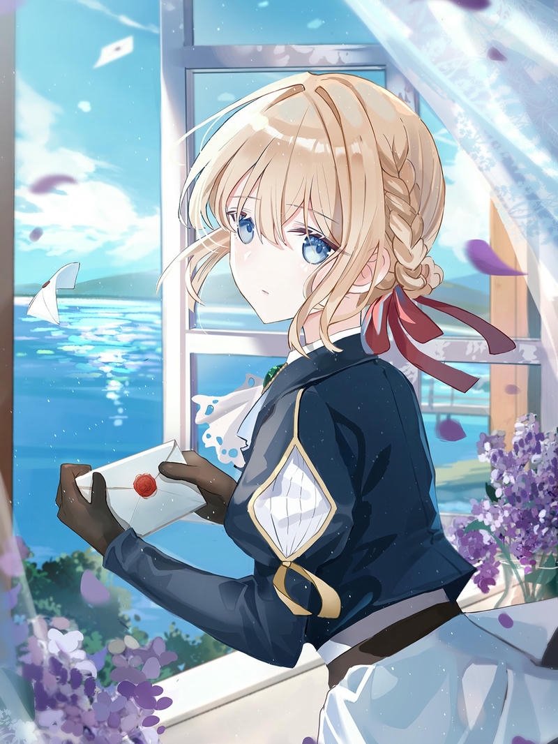 Ảnh Violet Evergarden ngồi bên cửa sổ nhìn ra biển xanh