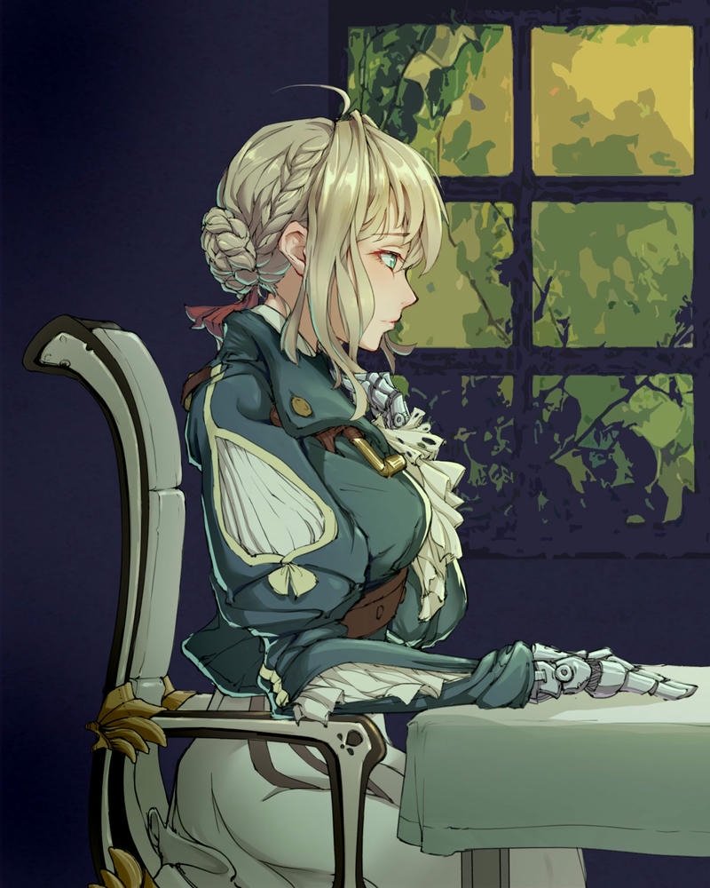 Ảnh Violet Evergarden ngồi uống trà trong khu vườn yên tĩnh