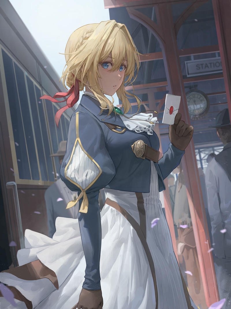 Ảnh Violet Evergarden quay lưng lại mỉm cười chào tạm biệt