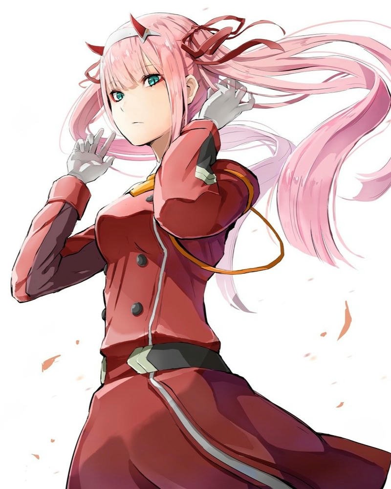 Ảnh Zero Two mặc đồng phục đỏ tạo dáng ngầu