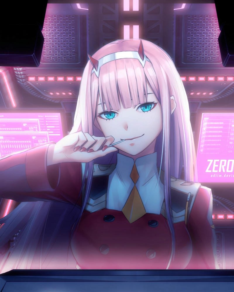 Ảnh Zero Two trong buồng lái ánh sáng tím ảo