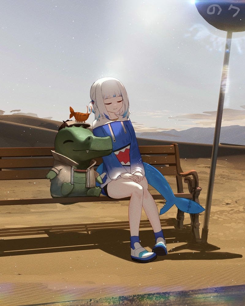 Ảnh anime cá mập bé gái ngồi ghế đá cùng thú cưng