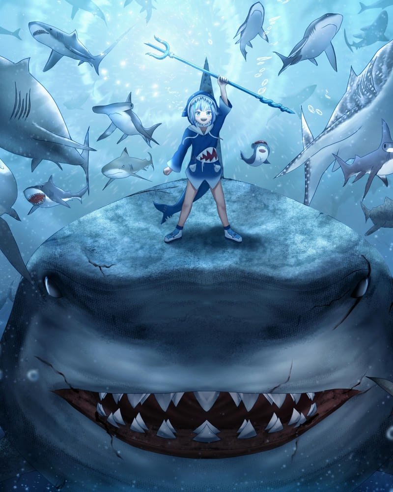 Ảnh anime cá mập chiến binh đứng trên đầu cá khổng lồ