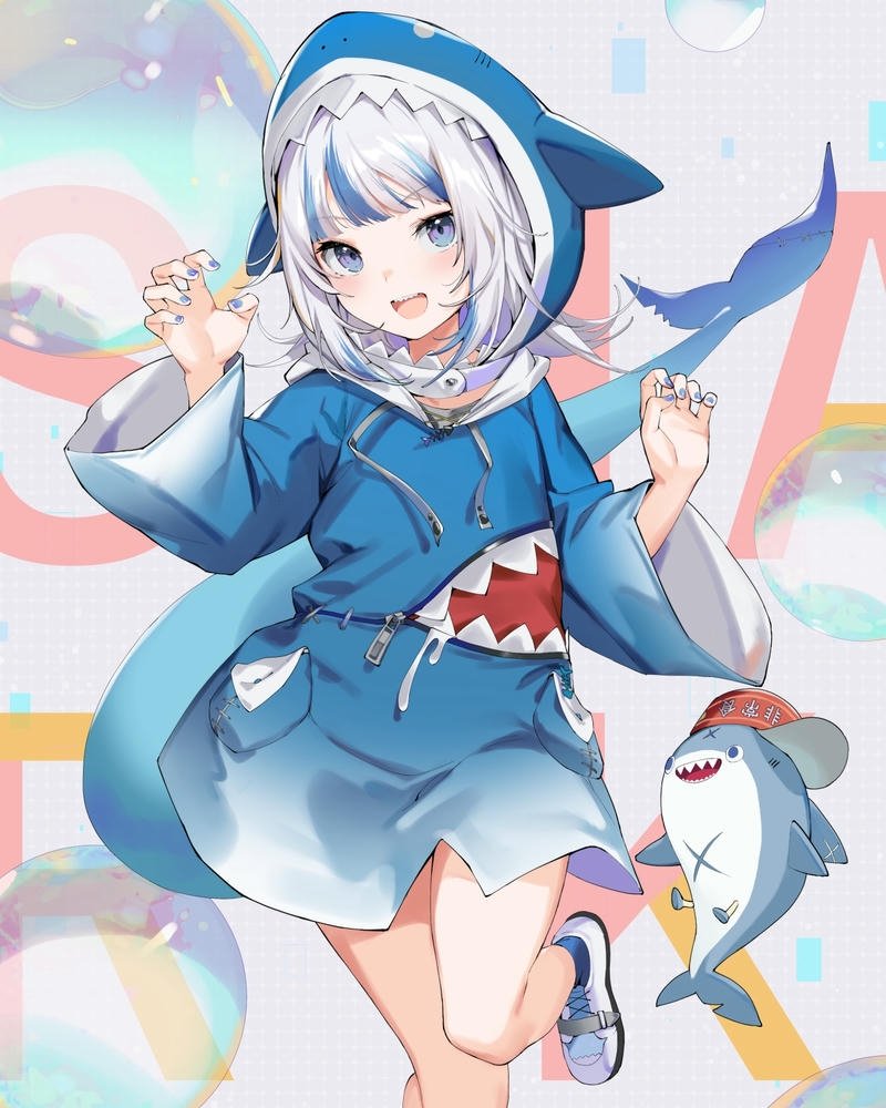 Ảnh anime cá mập cô bé tóc trắng mặc áo hoodie xanh