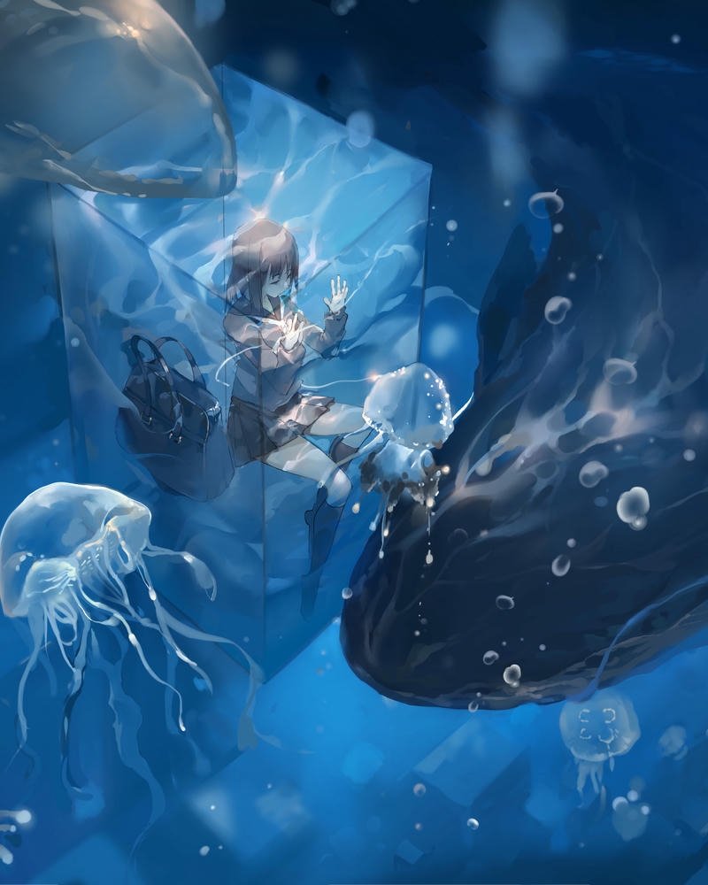 Ảnh anime cá mập cô gái bơi lặn dưới đại dương xanh