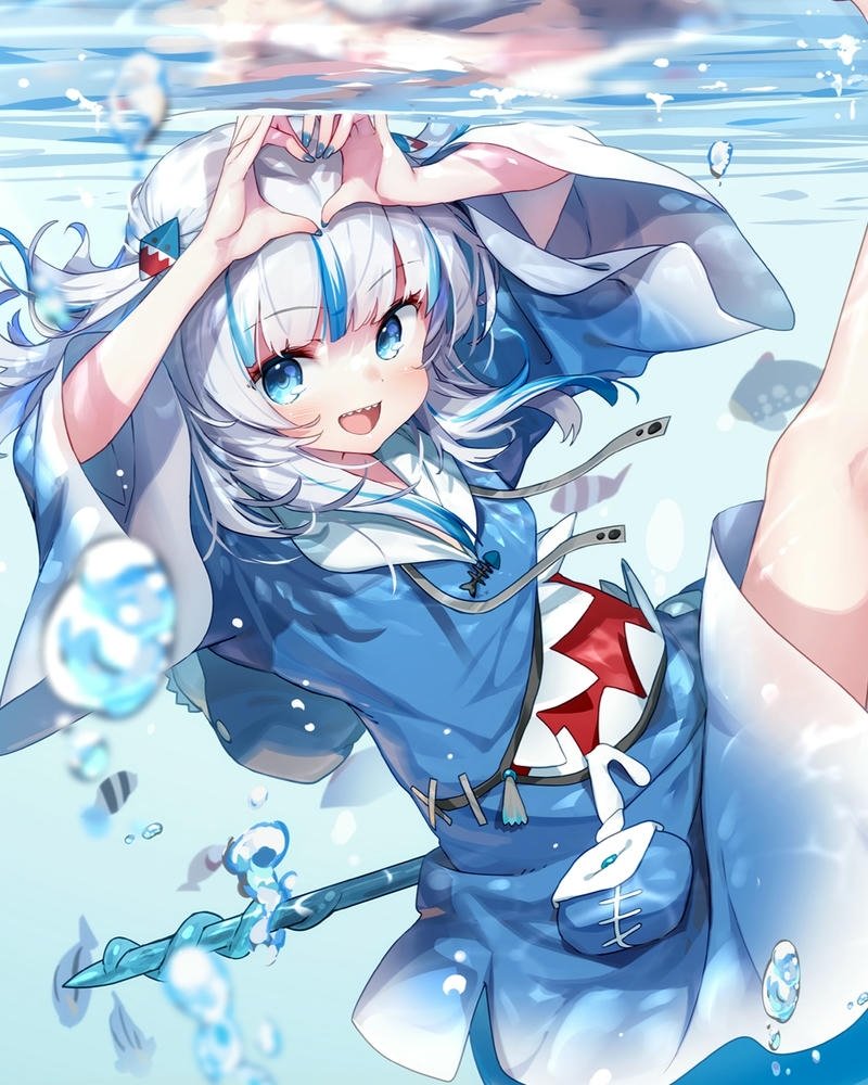 Ảnh anime cá mập cô gái bơi lội vui vẻ dưới nước