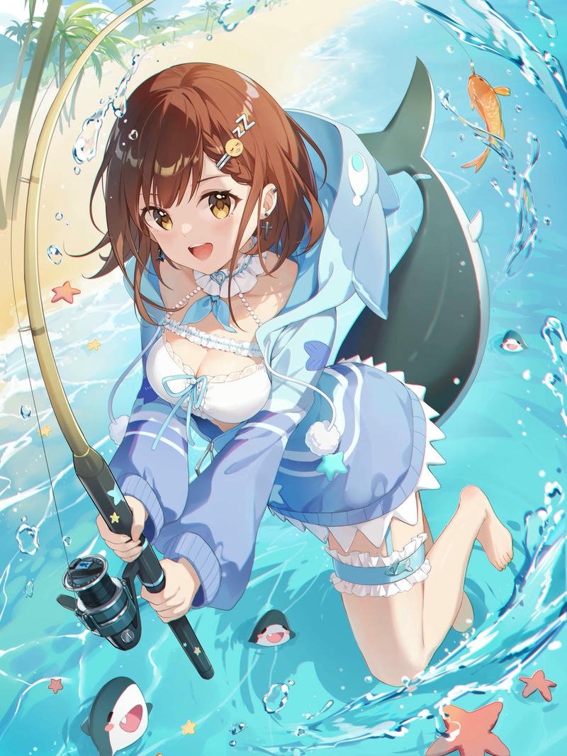 Ảnh anime cá mập cô gái câu được cá mập ngoài biển