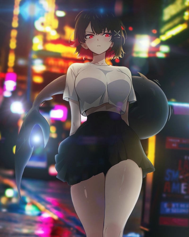 Ảnh anime cá mập cô gái đi dạo phố đêm rực rỡ