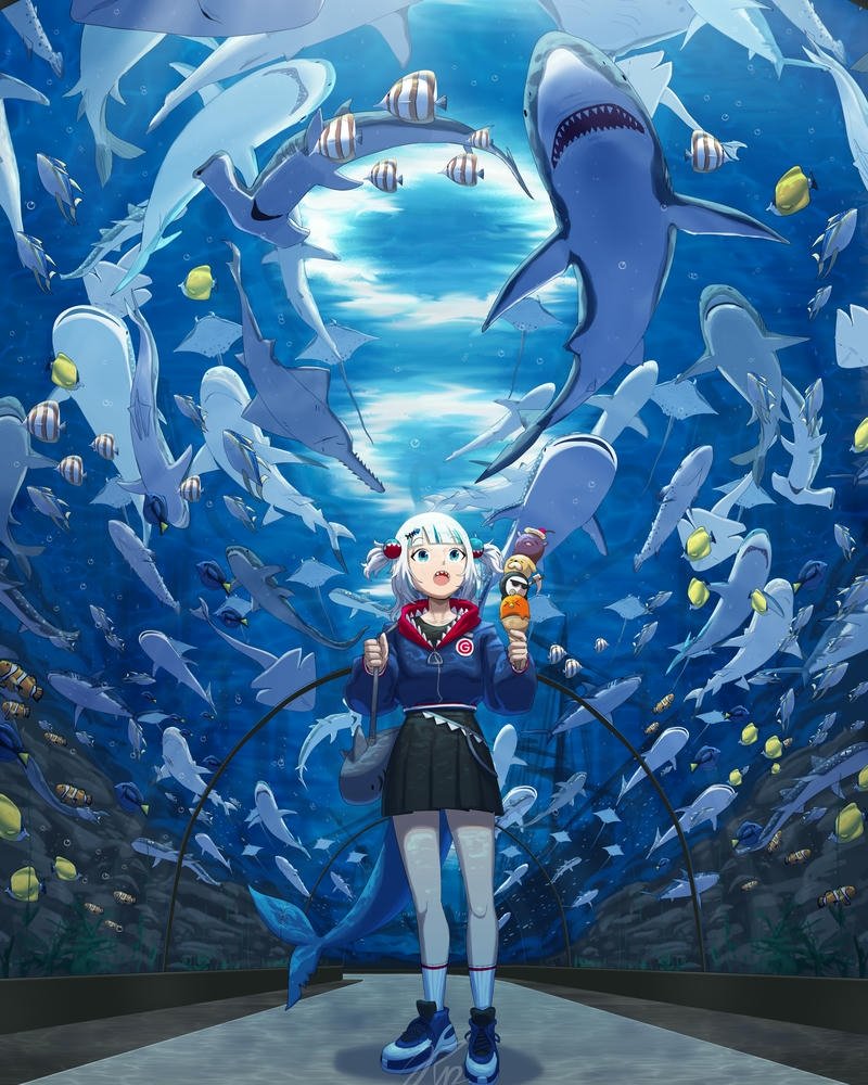 Ảnh anime cá mập cô gái đứng trong đường hầm thủy cung