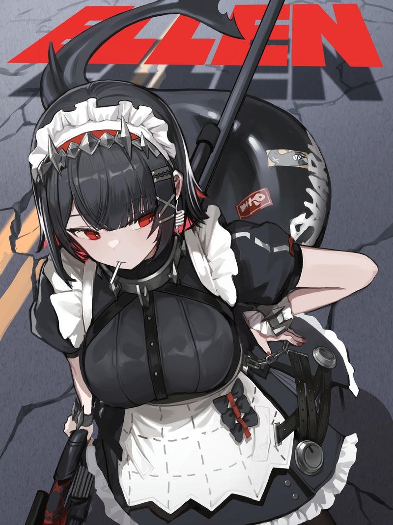 Ảnh anime cá mập cô gái hầu gái cầm vũ khí đỏ