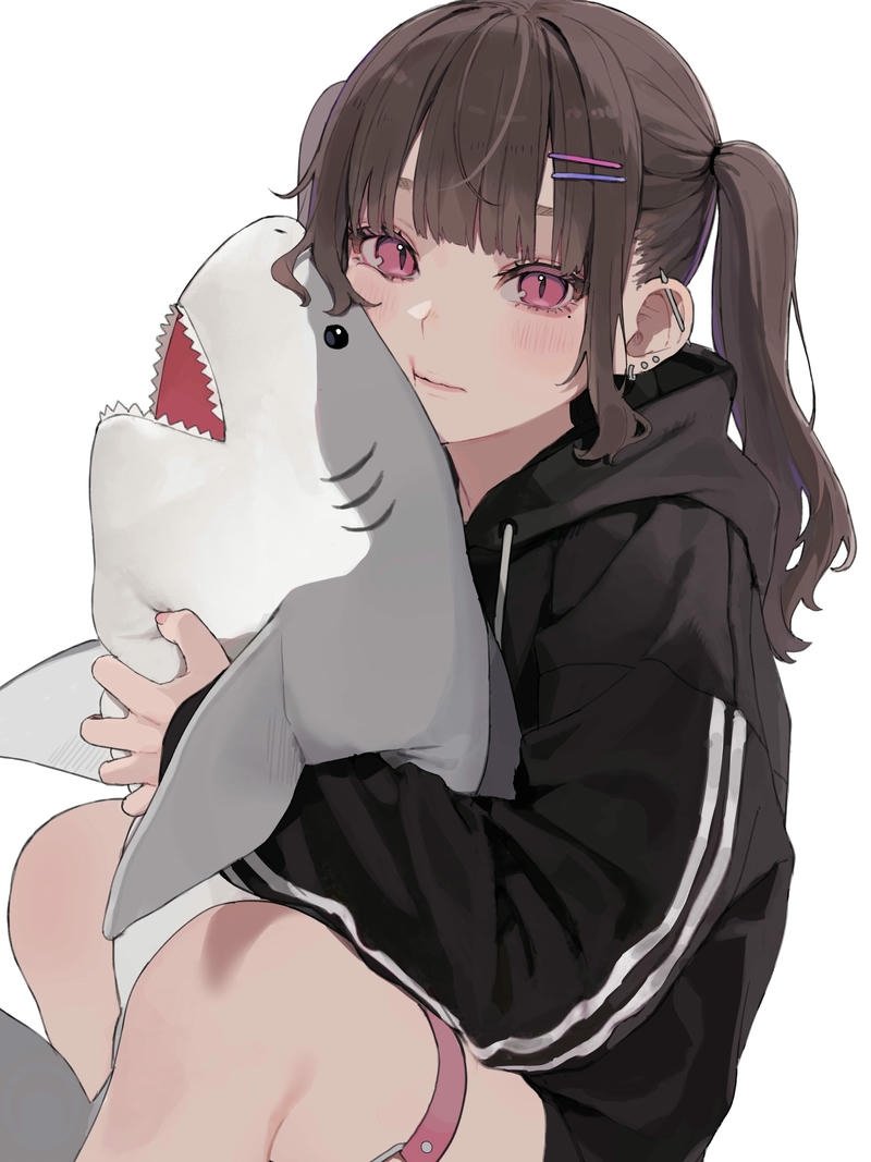 Ảnh anime cá mập cô gái ôm gấu bông cá mập xám
