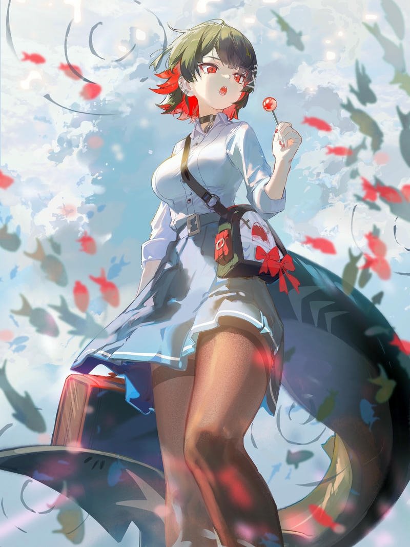 Ảnh anime cá mập thiếu nữ mặc váy trắng ngồi dưới nước