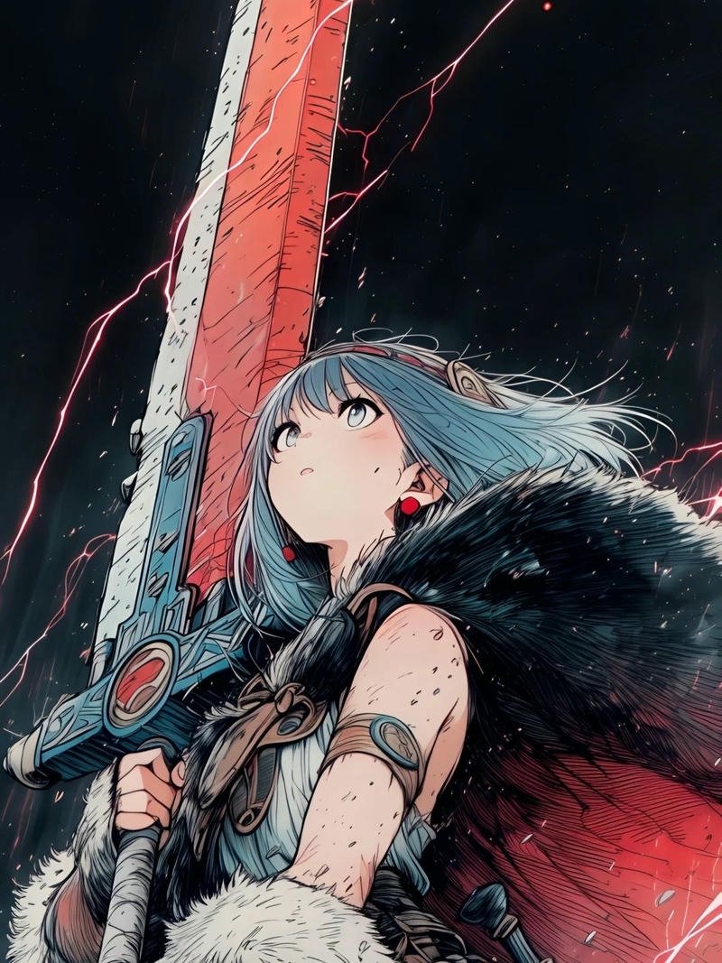 Ảnh anime nữ cầm kiếm ánh mắt sắc sảo đầy quyết tâm