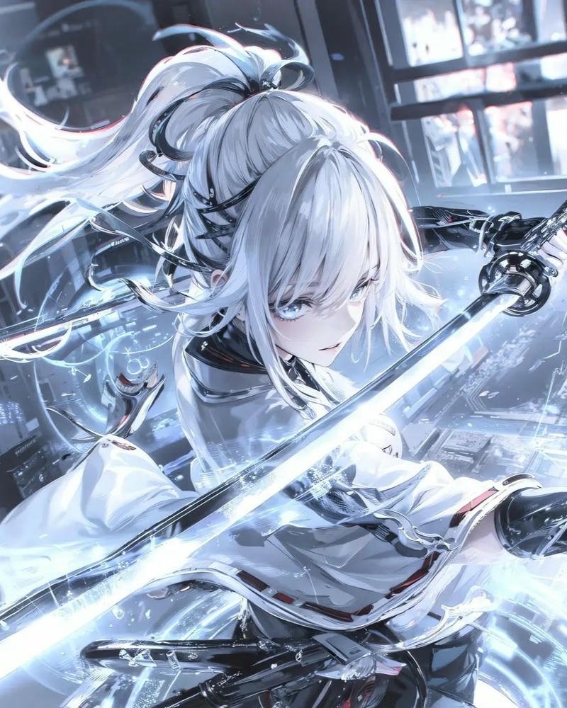 Ảnh anime nữ cầm kiếm ánh nhìn tập trung đầy nội lực