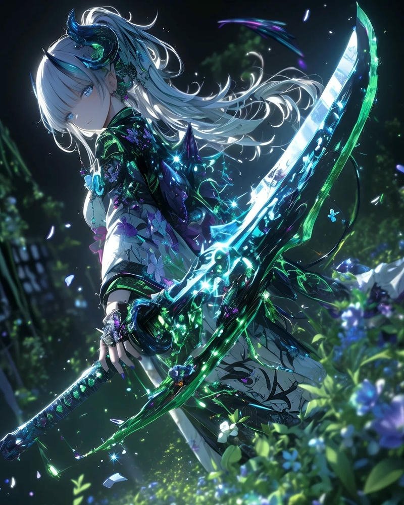 Ảnh anime nữ cầm kiếm biểu cảm bình tĩnh toát vẻ bản lĩnh