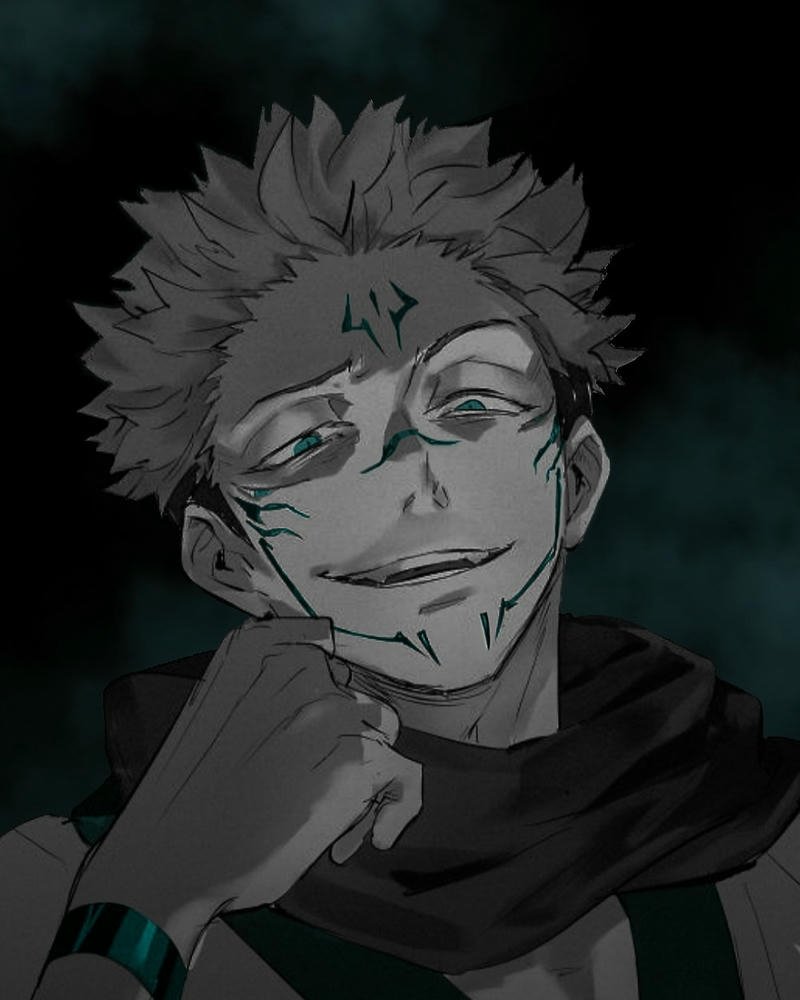 Ảnh anime sukuna đen trắng chống cằm cười đầy ngạo nghễ