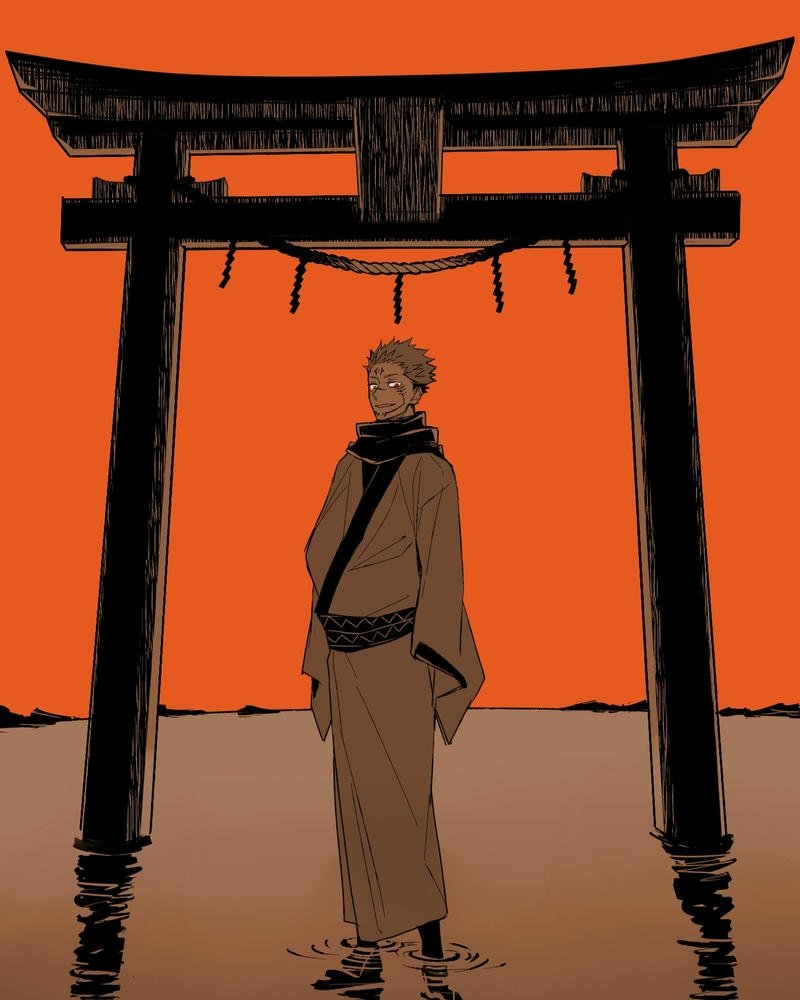 Ảnh anime sukuna đứng dưới cổng torii hoàng hôn màu cam rực