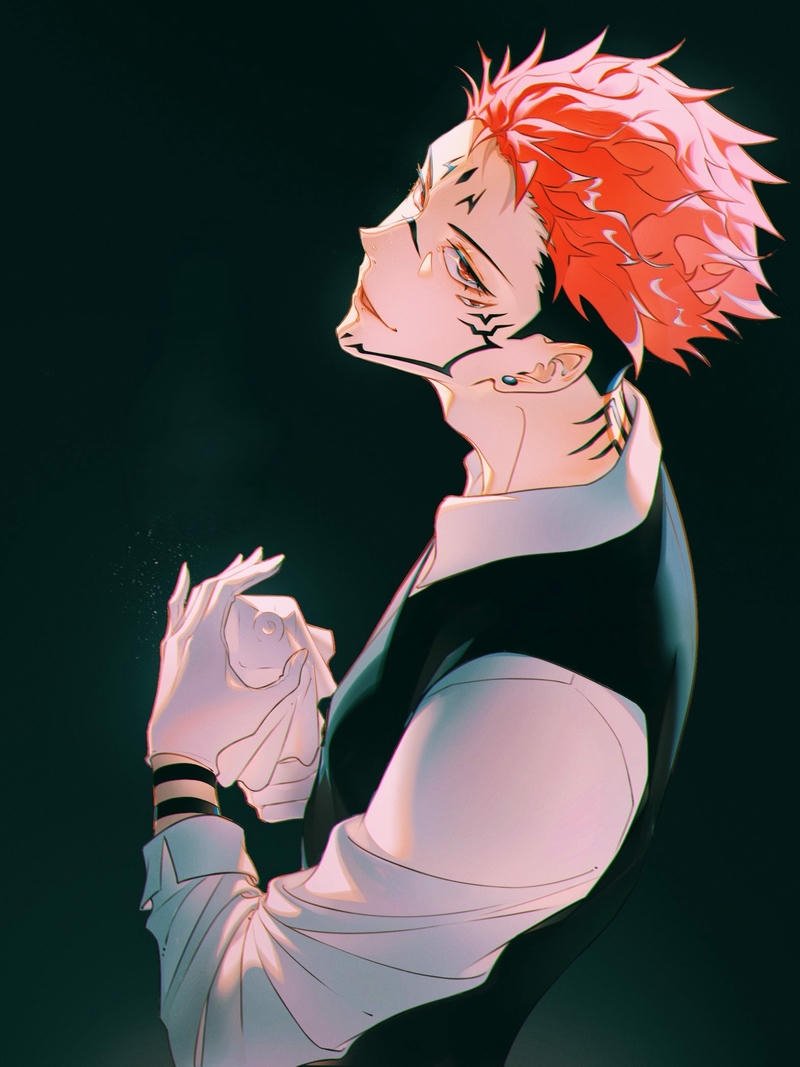 Ảnh anime sukuna đứng trong bóng đêm ánh sáng xanh mờ ảo