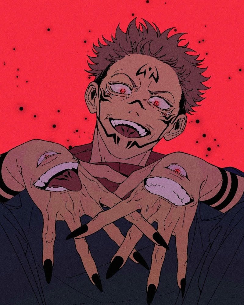 Ảnh anime sukuna làm hình trái tim tay trên nền đỏ rực