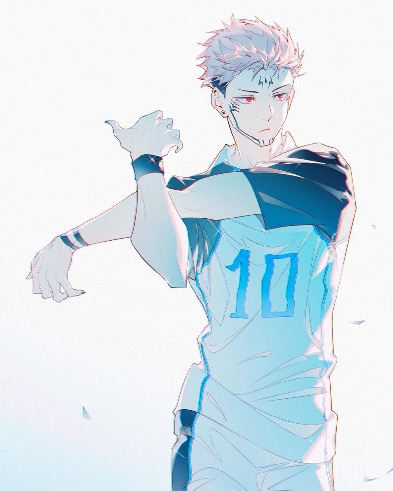 Ảnh anime sukuna mặc áo thun trắng vươn vai thư giãn thoải mái