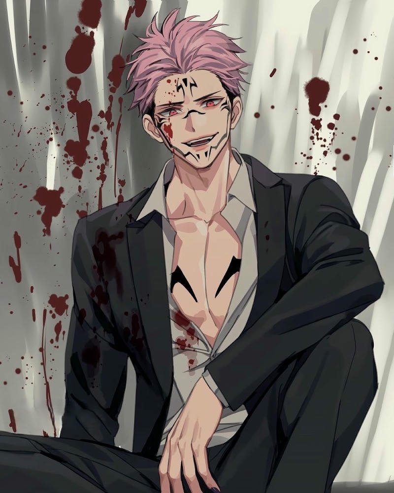 Ảnh anime sukuna mặc vest đen lịch lãm nhưng dính đầy máu