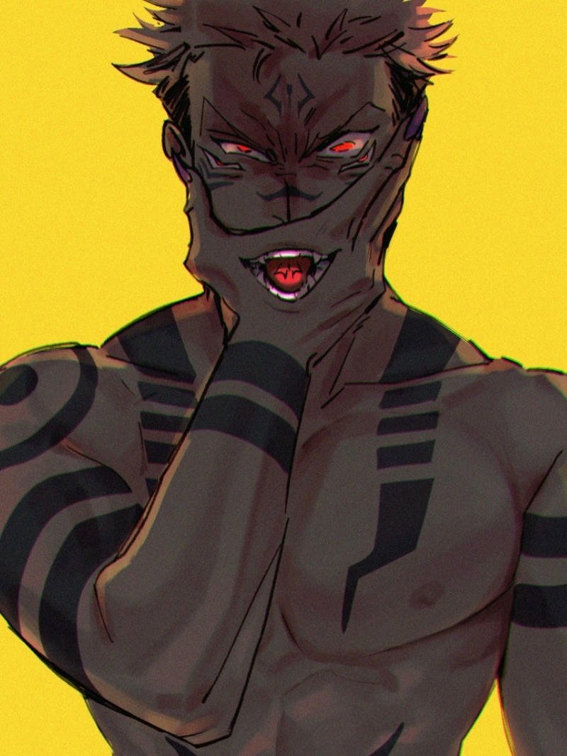Ảnh anime sukuna nền vàng khoe cơ bắp và hình xăm đẹp