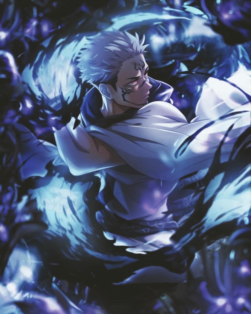 Ảnh anime sukuna tỏa ra năng lượng nguyền rủa màu xanh lam