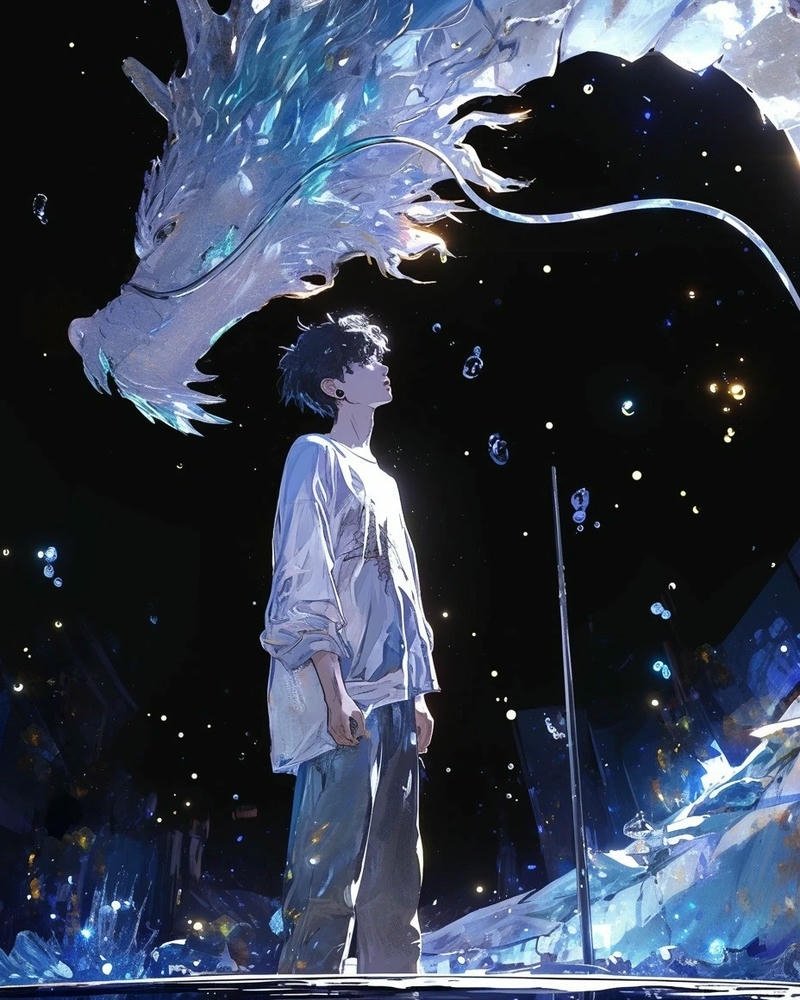 Ảnh rồng anime bóng lưng chàng trai đối diện rồng khổng lồ