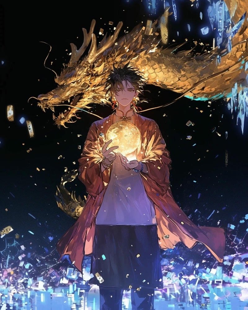 Ảnh rồng anime chàng trai điều khiển rồng lửa vàng rực rỡ