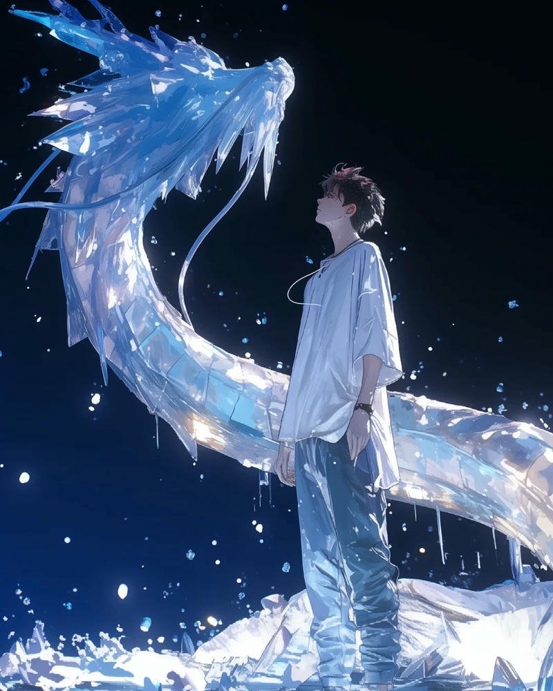 Ảnh rồng anime chàng trai đứng tựa lưng vào rồng xanh lam