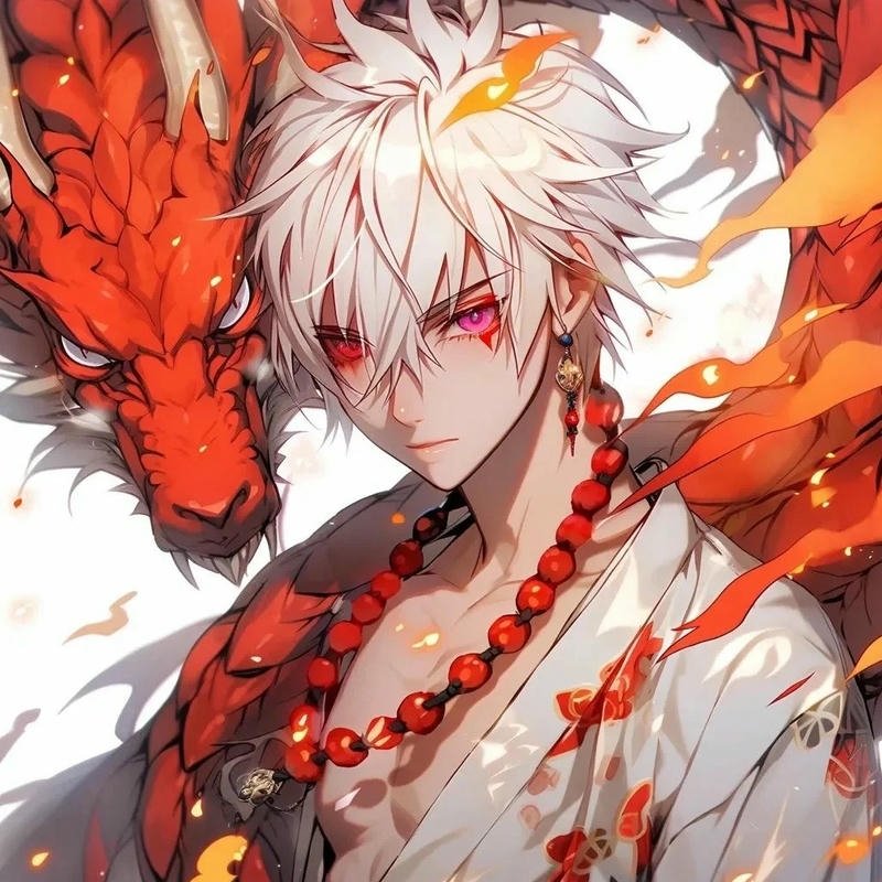 Ảnh rồng anime chàng trai mắt đỏ bên rồng lửa dữ dội