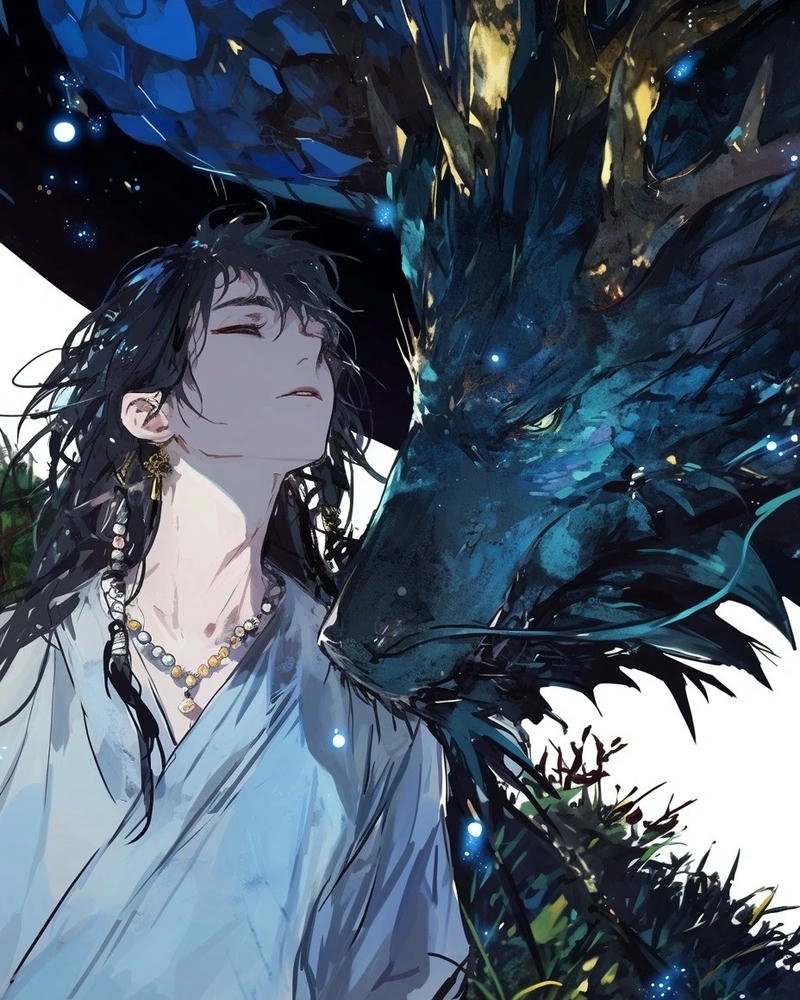 Ảnh rồng anime chàng trai tóc dài bên rồng xanh tuyệt đẹp