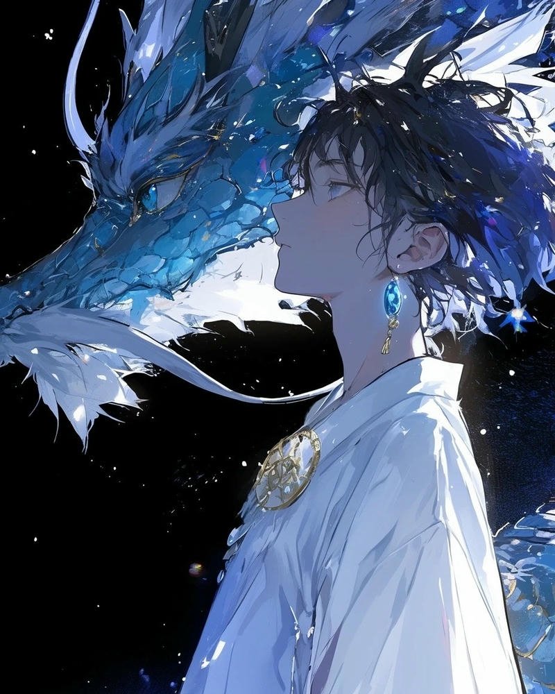 Ảnh rồng anime chàng trai tóc đen bên rồng xanh huyền ảo
