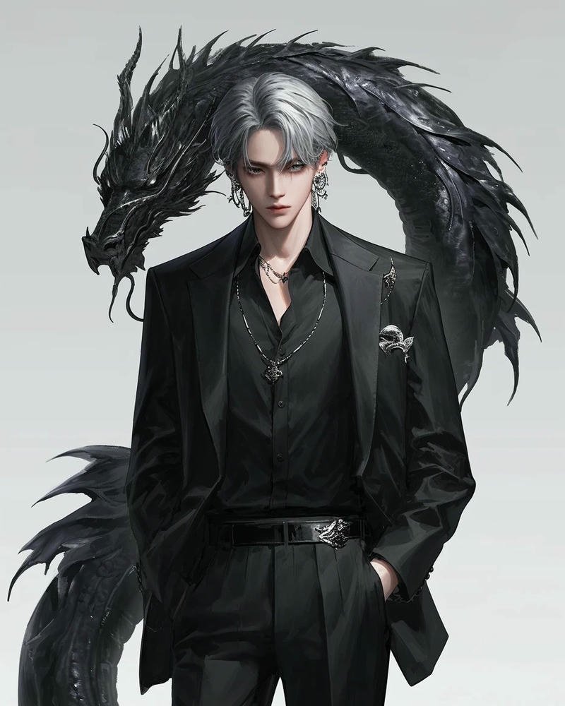 Ảnh rồng anime chàng trai vest đen bên hắc long ngầu
