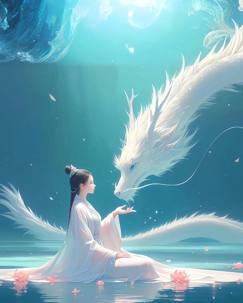 Ảnh rồng anime cô gái nhỏ bé đối diện bạch long xanh