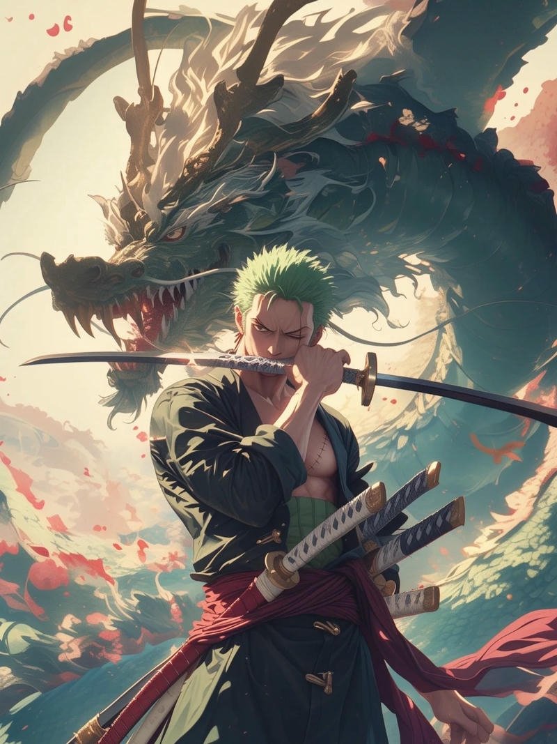 Ảnh rồng anime kiếm khách vung kiếm bên rồng thần xanh biếc