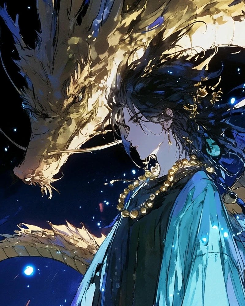 Ảnh rồng anime nam chính tóc đen bên rồng xanh dũng mãnh