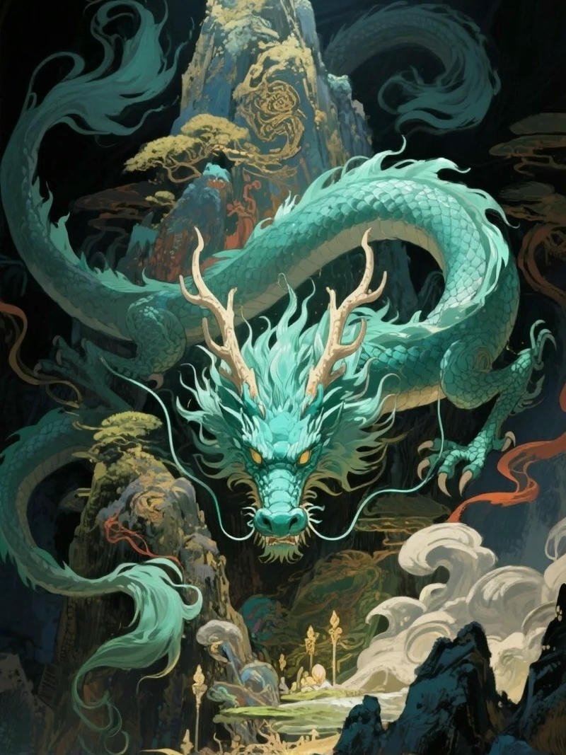 Ảnh rồng anime rồng xanh ngọc bích uốn lượn trên núi cao