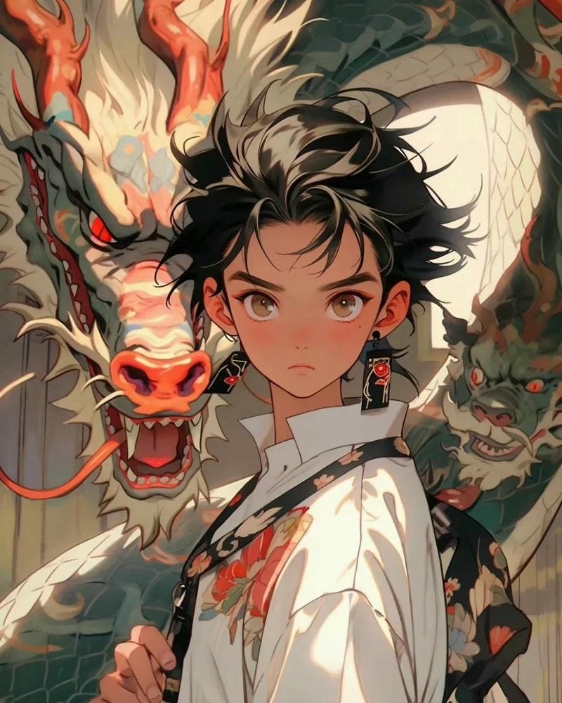 Ảnh rồng anime thiếu niên anh dũng bên thần long uy nghiêm