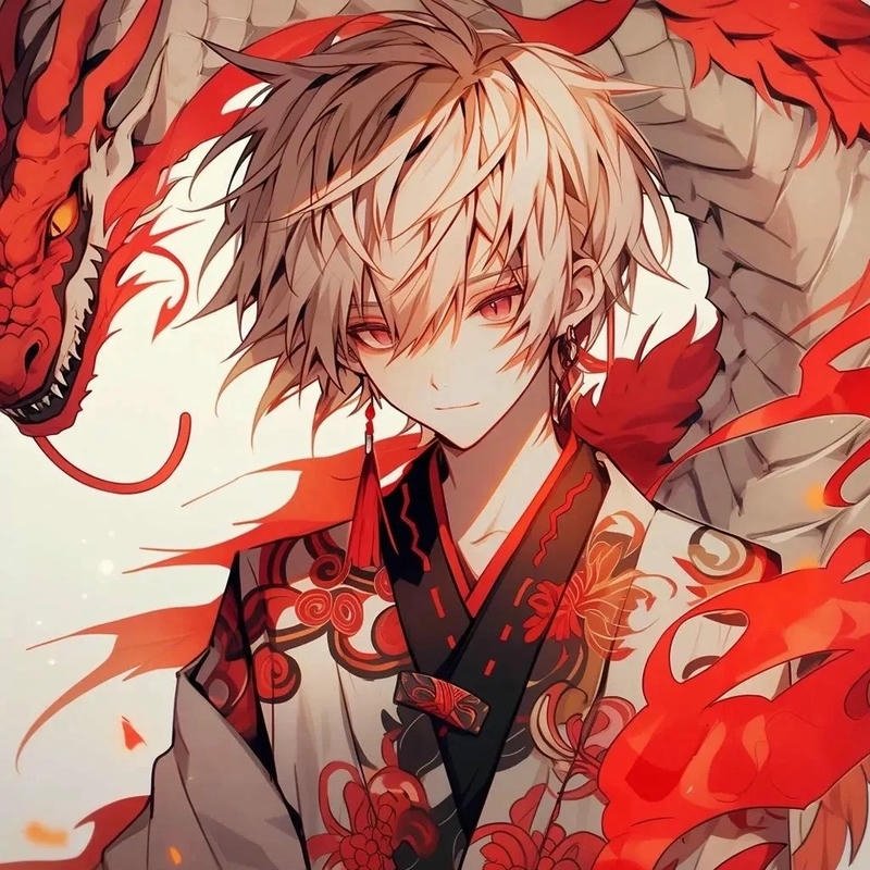 Ảnh rồng anime thiếu niên tóc vàng bên rồng đỏ dũng mãnh