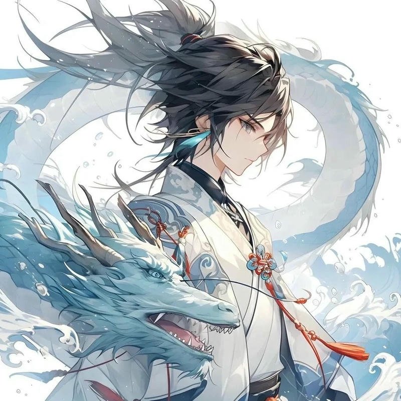 Anime dragon art chàng trai tóc đen bên rồng trắng tuyệt mỹ