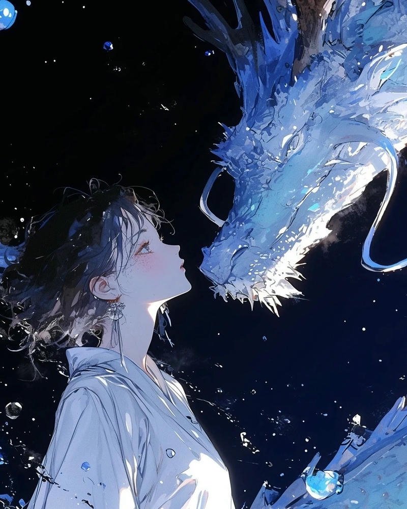 Anime dragon boy nhìn rồng thần xanh thẳm đầy tâm trạng