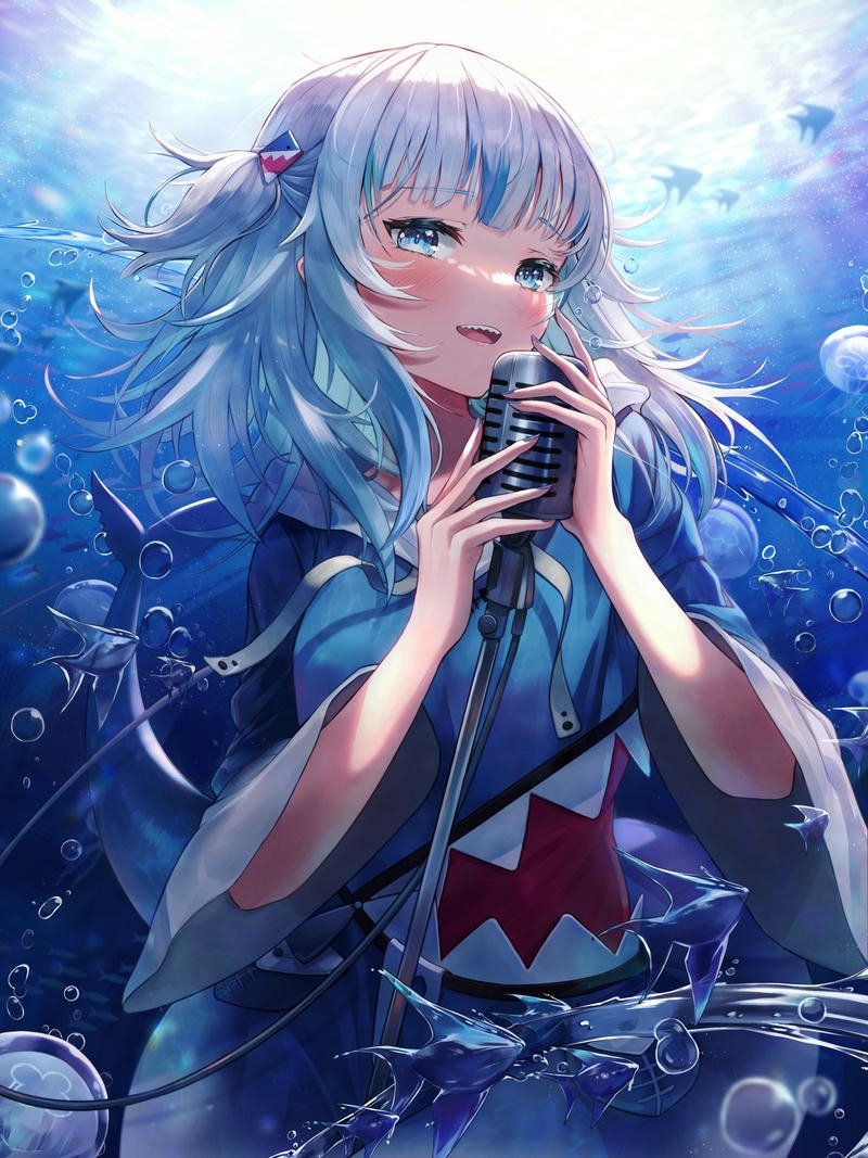 Anime shark girl cô gái tóc xanh ăn uống dưới nước