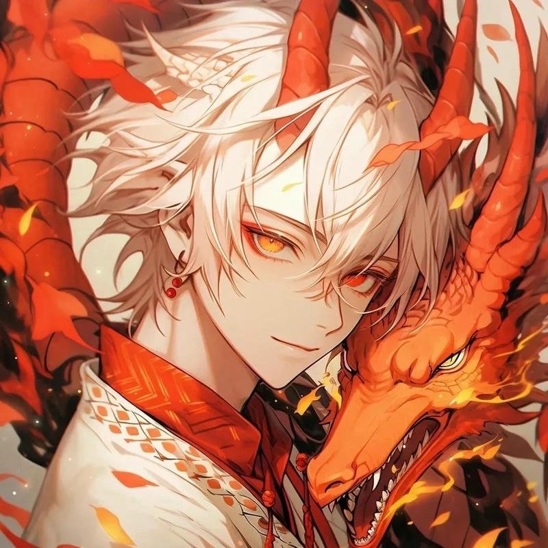 Avatar rồng anime chàng trai tóc trắng bên rồng đỏ rực rỡ