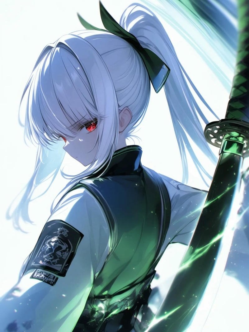 Cô gái anime cầm kiếm biểu cảm sắc sảo đầy uy lực