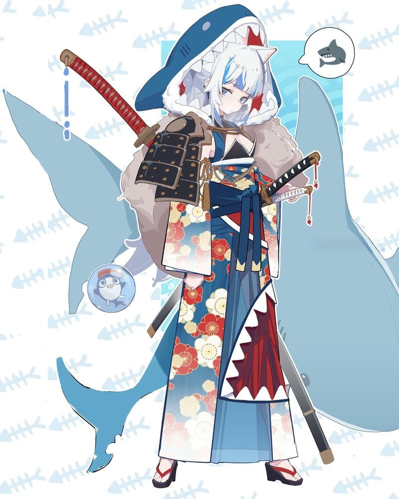 Cô gái cá mập mặc kimono truyền thống cầm vũ khí lớn