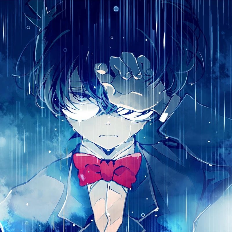 Fanart Conan cúi đầu trầm tư qua tấm kính đẫm nước mưa buồn