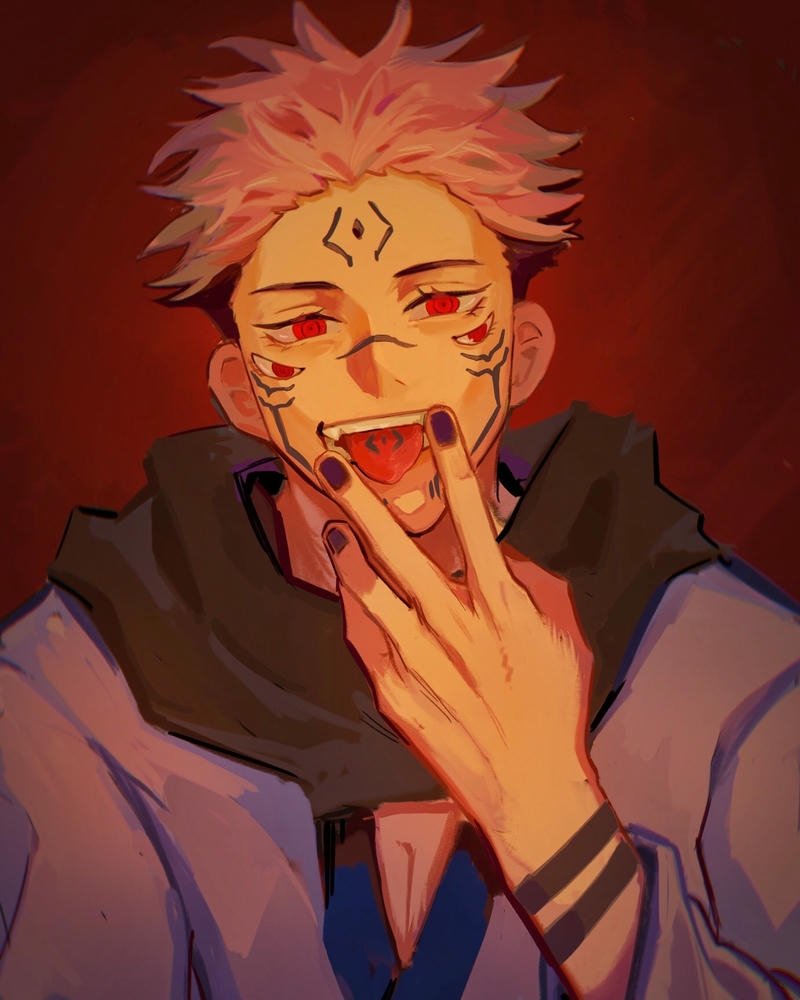 Fanart Sukuna mặc áo hoodie hiện đại ăn uống vui vẻ đời thường