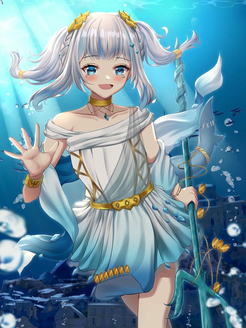 Gawr Gura bơi lội dưới đại dương lung linh huyền ảo